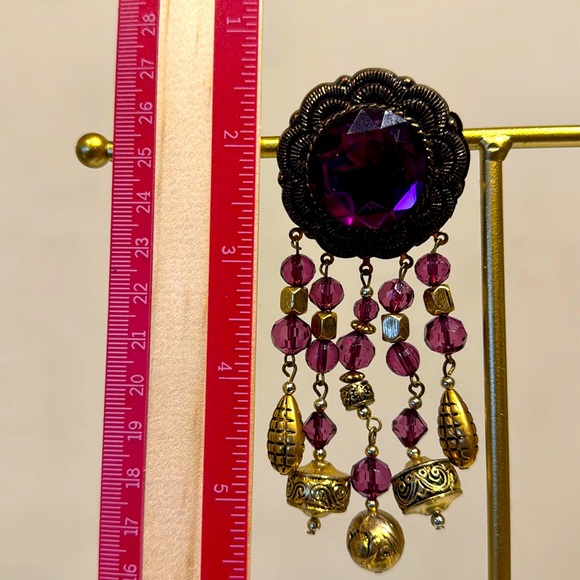 80s style Vintage Dalessio Design Chicago Purple & Gold Dangle Earrings Clip Ons - Picture 5 of 8